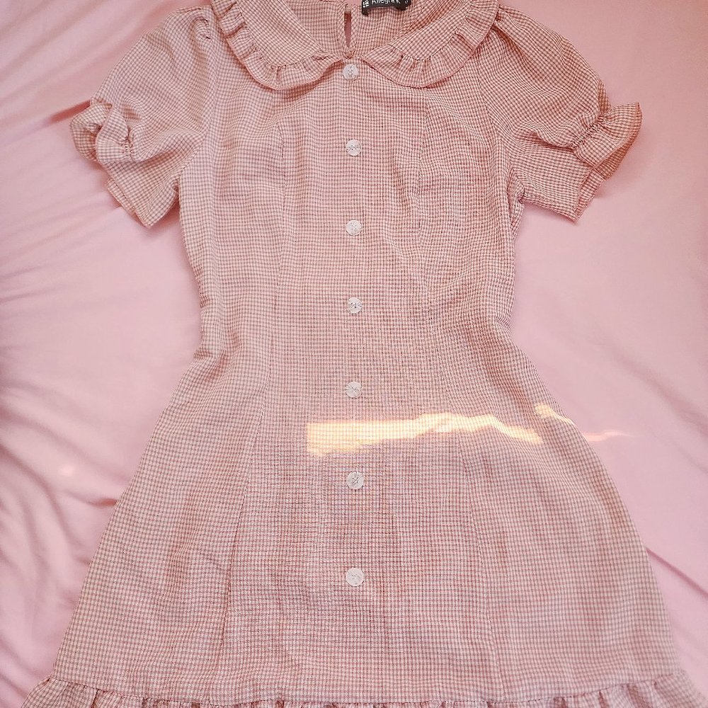 korean soft girl gingham peter pan dress